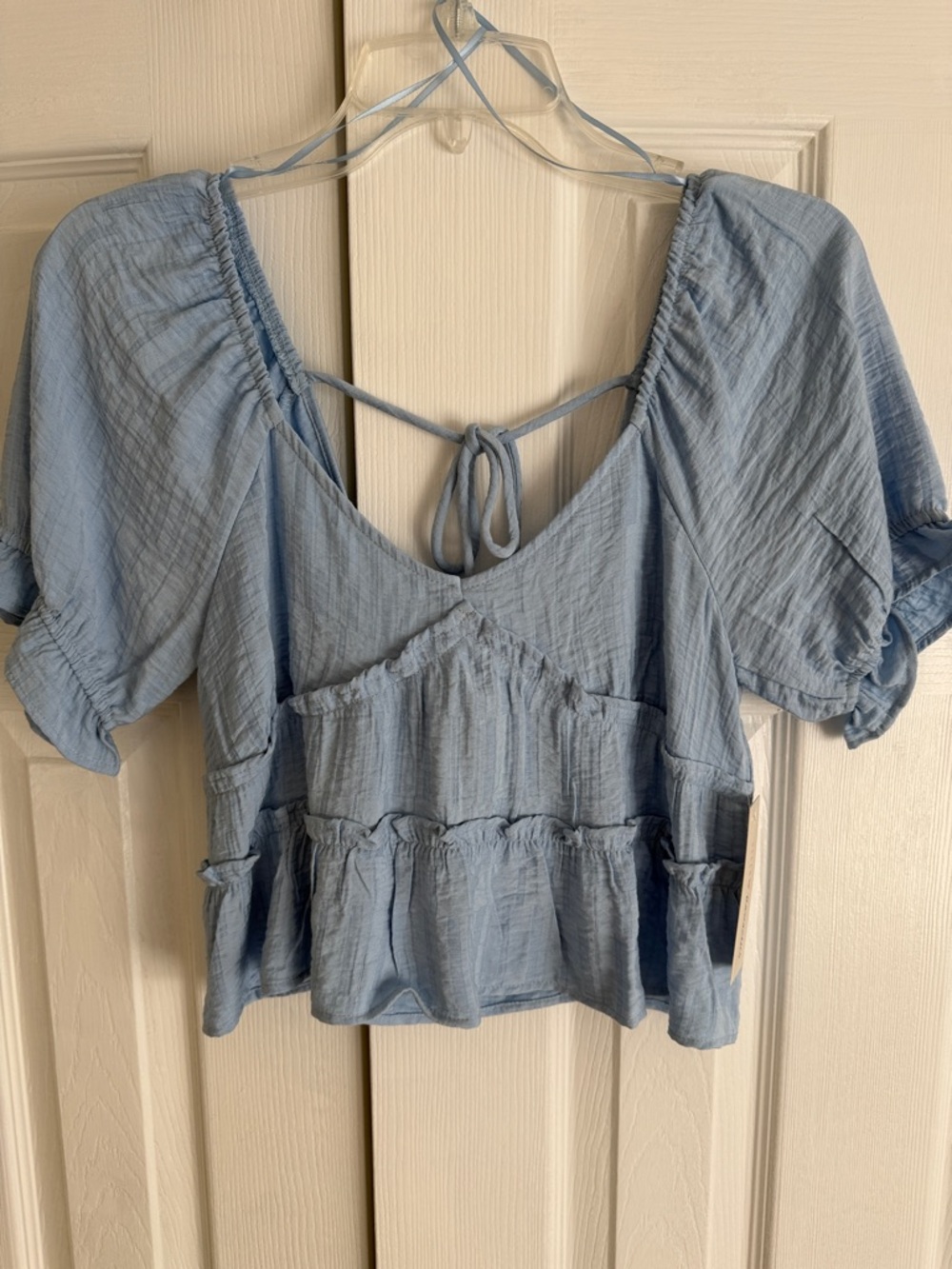URBAN Romantics Light Blue Tiered Peasant Top with Back Tie